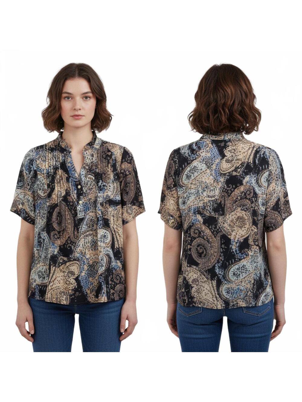 Tahari Black and Cream Short Sleeve Mandarin Collar Shirt